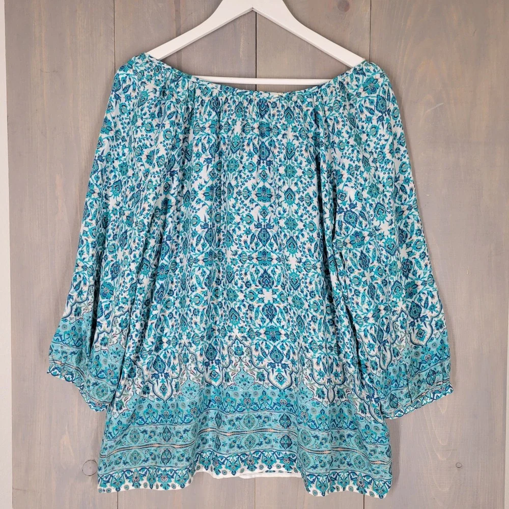 Grand & Greene Blouse Womens‎ XL Blue Paisley Medallion Boho Rayon 3/4 Sleeve
